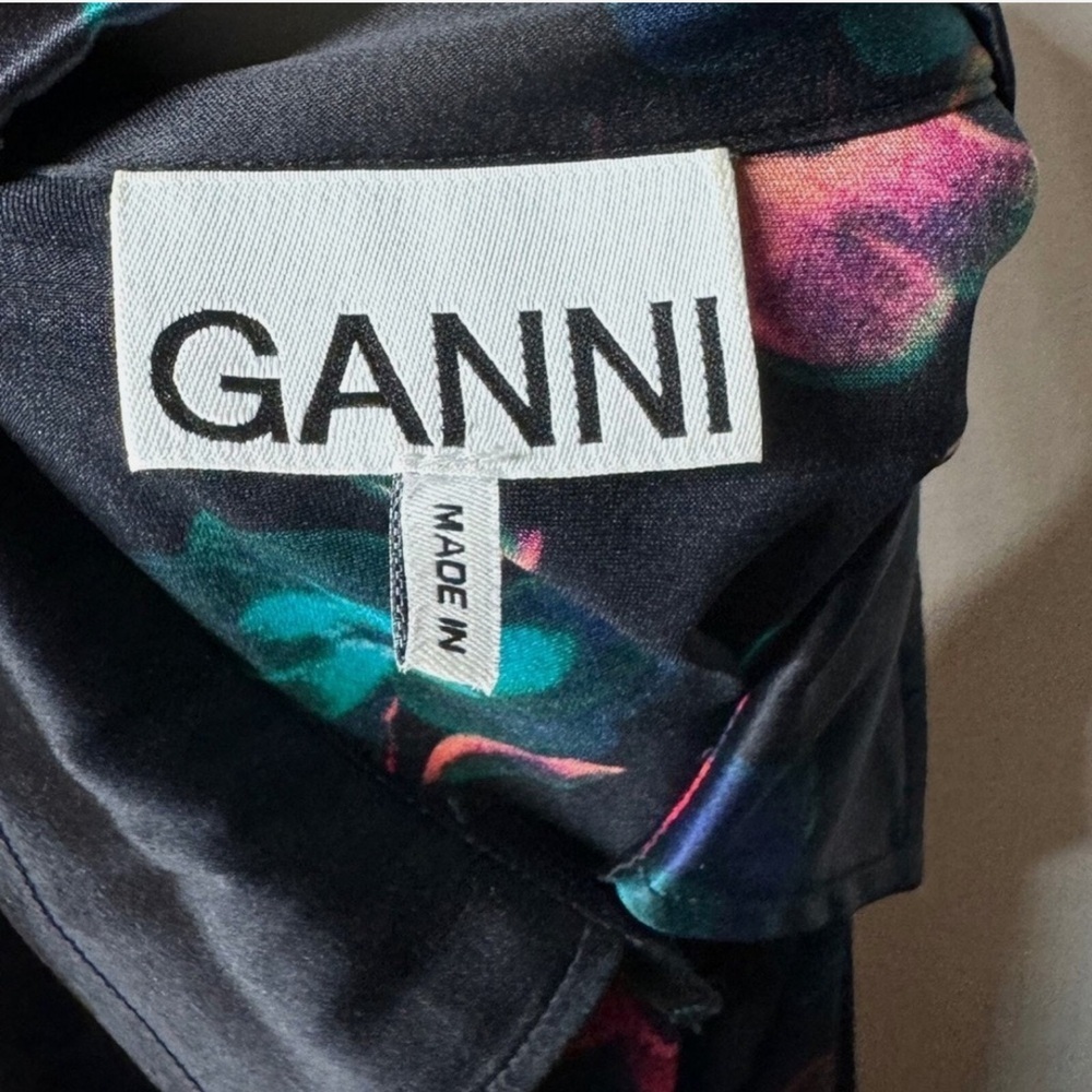 GANNI Black Silk Blend Red Blue Floral Long Puff Sleeves Wrap Mini Dress Size 42 - Picture 13 of 16